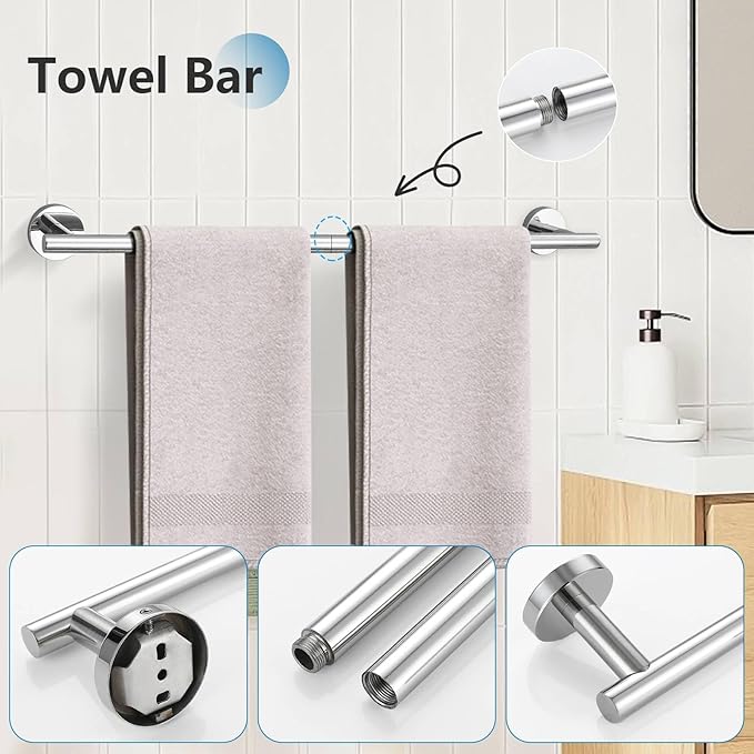 10-Piece Towel Bar Set Polished Chrome Bathroom Hardware Accessories Set Upgraded Towel Hooks Towel Holder Set for Bathroom Stainless Steel Wall Mounted 23.6 Inch