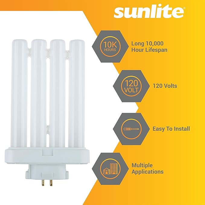 Sunlite 41759 FML27/30K/2PK Quad Tube Plug-in Compact Fluorescent Lamp, FML 4-Pin, 27 Watts, 1500 Lumens, 3000K Warm White, 4-Pin (GX10`q4) Base, 120 Volts, 6 Pack