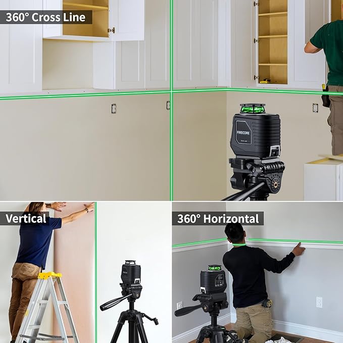 Firecore 360° Laser Level with Tripod, 100Ft Self Leveling Laser Level Green Cross Line Laser Leveler Tool for Picture Hanging Wall Tile Floor Construction, 60" Compact Tripod & Carry Pouch Included