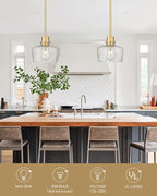 Emak 8 Inch Gold Pendant Light Fixtures, Modern Pendant Lights Kitchen Island with Seeded Glass Shade, 1 Light Hanging Light for Kitchen Island, Dining Room, Bathroom, Bedroom, PL122-GD