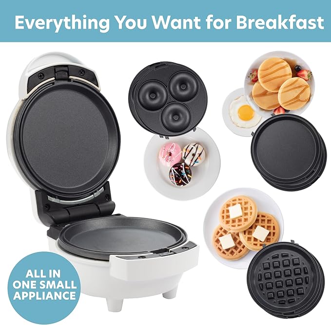 3 in 1 Mini Breakfast Maker- Make Mini Waffles Donuts Pancakes or Eggs all in 1 Multi Use Appliance- Easily Swap & Clean Interchangeable Griddle Plates- Small Electric Nonstick Holiday Baker Xmas Gift