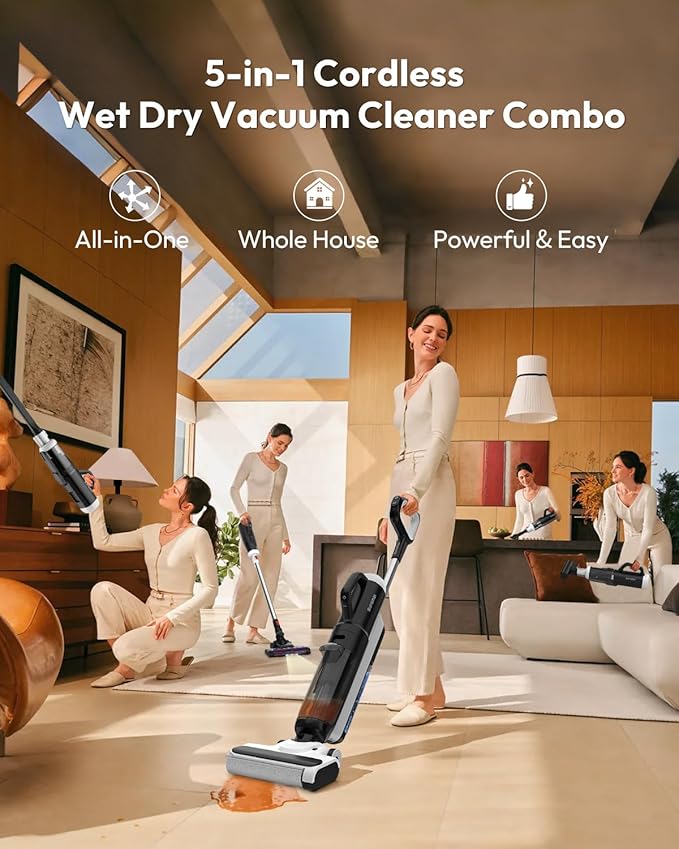 Cordless Wet Dry Vacuum Combo – 5-in-1 Lightweight Self-Propelled Mop & Vacuum for Hard Floors & Carpets, All-in-One for Whole-Home Cleaning