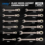 DISEN 12 Pcs Flex Head Ratcheting Wrench Set 90 Teeth, Metric Combination Ratchet Wrenches Set 8-19MM, Nickel Plating Cr-VSteel with Organizer Rack