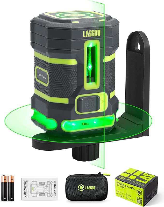 LASGOO Green Laser Level Self Leveling, 360° Horizontal Laser with Vertical Laser Line, 4 Brightness Levels Pulse Mode for Floor Tile Wall Construction, L-Bracket, Batteries and Carry Bag Included