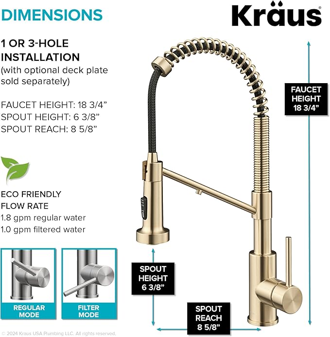 KRAUS Bolden 2-in-1 Commercial Style Pull-Down Single Handle Water Filter Kitchen Faucet in Spot-Free Antique Champagne Bronze with Purita 2-Stage Under-Sink Filtration System