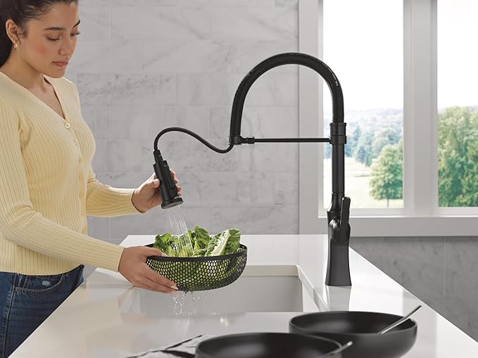 Delta Ermelo Pro Style Commercial Kitchen Faucet with Pull Down Sprayer, Single Hole Matte Black Kitchen Sink Faucet, Single Handle, Matte Black 18887-BL-DST