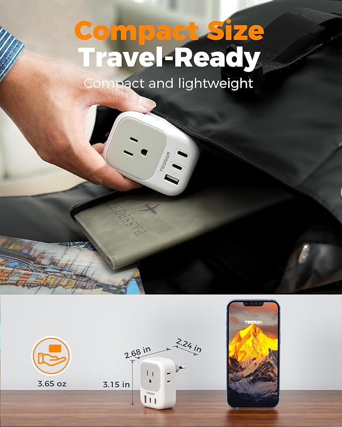 TESSAN Italy Travel Plug Adapter, Type L Adapter for Travel with 4 Outlets 3 USB (2 USB-C), Power Adaptor for US to Italy Chile Rome Uruguay Milan Libya