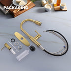 DAYONE Brushed Gold/Brass Pull Down Kitchen Faucet with 3-Mode Sprayer and Soap Dispenser, Single Handle High Arc Faucets for Kitchen Sink with Deck Plate, DAY-APS136-BTG