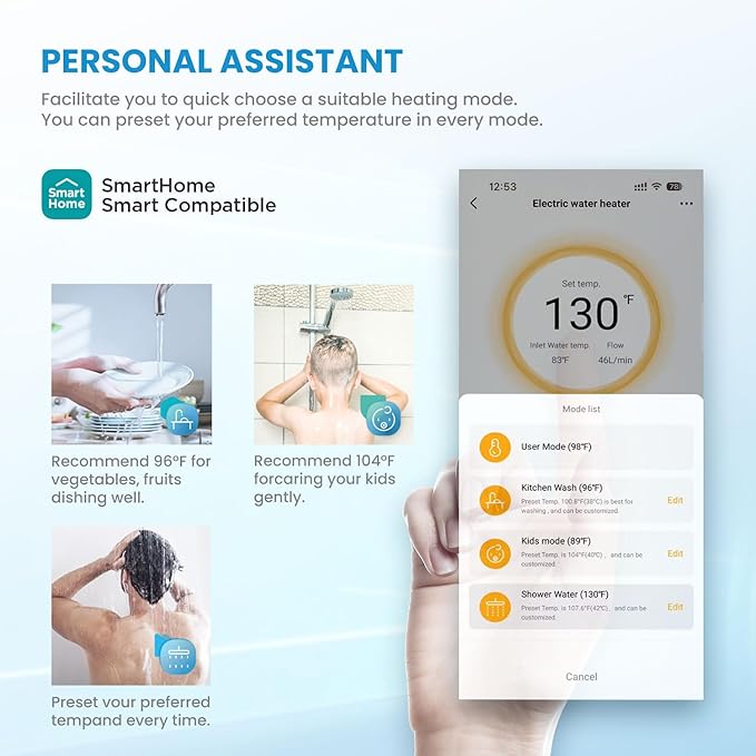 Midea 13KW Electric Tankless Water Heater, Touch Control, Wi-Fi Control, LED Display, Child Mode, 240 Volts with Automatic Power Modulation, On-demand Hot Water, White