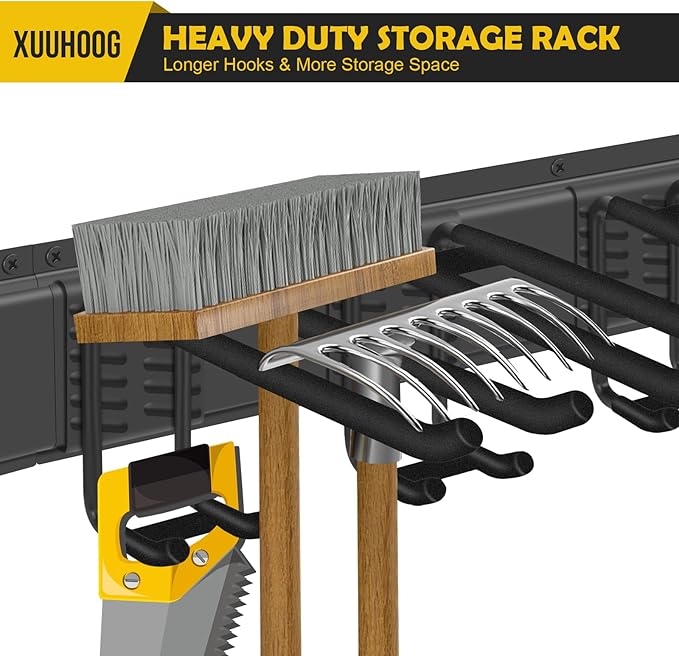 “48” Adjustable Garage Wall Tool Organizer - Full-Length Bracket for Garage Storage with 3 Tool Hooks, 2 Double Hooks, 2 Single Hooks and 3 Rails in Heavy-Duty Construction,Tool Organizer