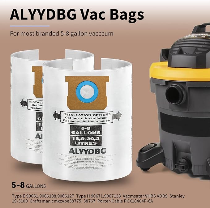 for Shop Vac Bags 5-8 Gallon, Type E 90661 9066133, Type H 90671 9067133; VF2004, VHBS VDBS High- Efficiency Disposable Vacuum Collection Filter Bags 5 Pack