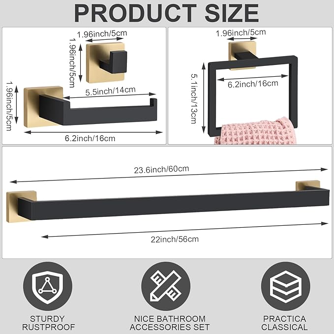 Gisafai 5 Pcs Bathroom Hardware Accessories Set 23.6 Inch Bath Towel Bar Kit Stainless Steel Bathroom Hardware Set Towel Racks Ring Hooks Paper Holder for Wall Mounted (Black Gold)