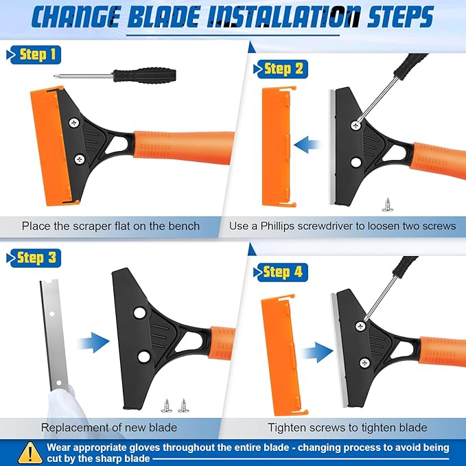 Razor Blade Floor Scraper with Long Handle, 4 Inch Floor Scraper Tools Heavy Duty with 10PCS Extra Metal Blades,Paint Scrapers for Cleaning Wall Glass Floor Paint Gum Stains Stickers Linoleum