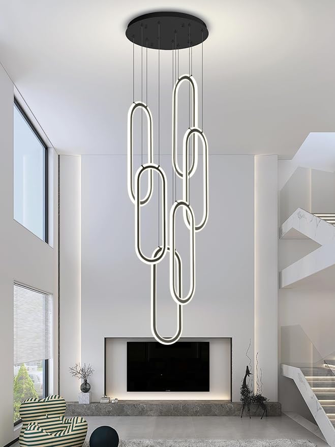 Flashing God Modern Chandelier,Black Chandeliers with 6 Ring Led Foyer Chandeliers,Larger High Ceiling Chandelier for Living Room,Rectangle Chandelier for Entryway Staircase LED Dimming 2700k-6000k