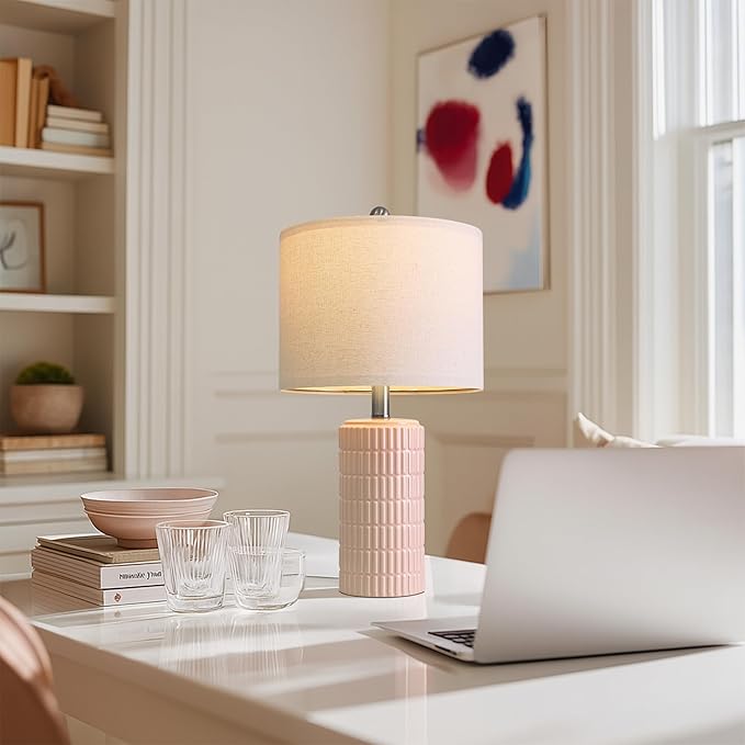PoKat 20.75" Pink Ceramic Table Lamps Set of 2, Small Modern Bedroom Lamps for Girls Room, Bedside Lamps for Night Stands, Cute Lamps for Living Room Decor, Nightstands Desk Lamp, Light Pink