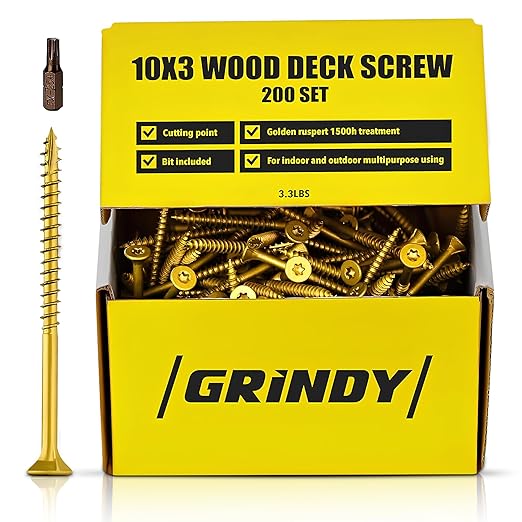 #10 x 3’’ Wood Screws by Grindy (200pack/3.3LBS) – Self-Drilling Deck Screws I Rust Resistant I Quick Drive & Fast Grip I for Cabinet, Furniture & Other Projects I T25 Star Drive I Bit Included