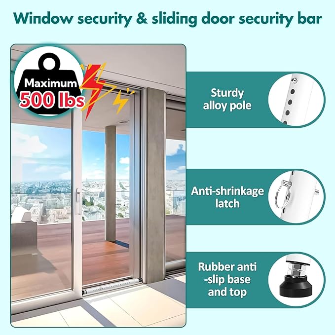 Window Security Bar, 2-in-1 Adjustable 17.9 to 51 Inch Slidingdoor Security Bar Security Bar for Home Pet Children Women Security Balcony Sliding Door Patio Door Security Apartment Window White