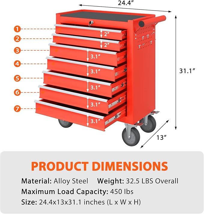 7-Drawer Rolling Tool Chest, Tool Box with 4 Wheels and Drawers, High Capacity Detachable Mobile Tool Storage Cabinet for Garage, Workshop, Mechanics and Repair Room (Red)