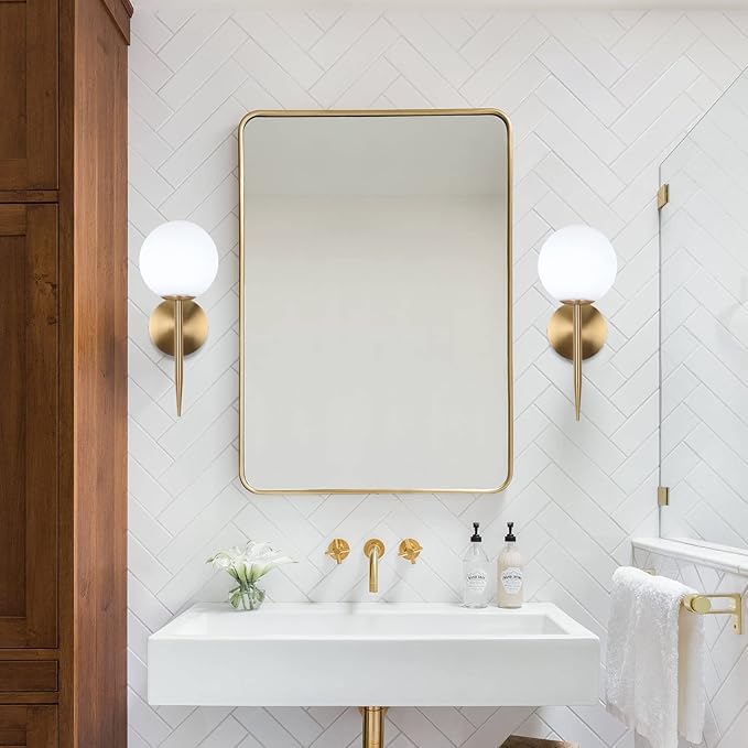 SeeU Brass Wall Sconces Mid Century Style Set of 2,Gold Wall Lamp Fixture,Vanity Light Fixture Wall Lamp with Milky Frosted Globe