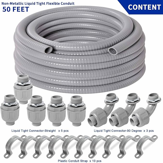 (3/4" Dia * 50 Feet) Yariwiz Flexible Electrical Conduit Liquid Tight PVC Conduit Kit with 5 PCS Coupling, 3 PCS Elbow and 10 PCS Strap, Sealtight Seal Flex Liquidtight Wire Outdoor Non Metallic Grey