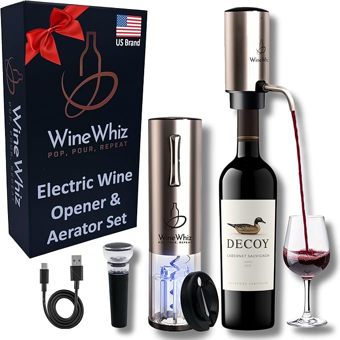 Electric Wine Aerator & Opener Set with Accessories, Rechargeable Automatic Corkscrew, Aerator, Dispenser, Foil Cutter Tool, Stopper, Wine Lovers Gift for Housewarming, Birthday, Registry, Anniversary