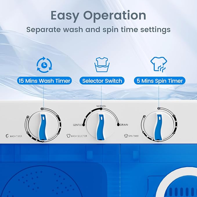 COSTWAY Portable Washing Machine, 17.6 lbs Capacity Twin Tub 11 lbs Washer and 6.6 lbs Spinner with Control Knobs, Timer Function, Drain Pump, Compact Laundry washer for Home Dorm Apartment RV (Blue)