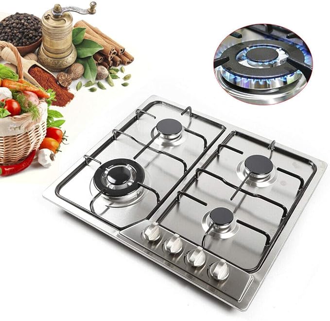 4 Burners Built in Gas Stovetop Cooker Gas Range Portable Stainless Steel Cooktop LPG/NG Dual Fuel Cast Iron Grate Gas Stove Kitchen Cooking Stove for Home RV Outdoor Apartment Silver(22.83x20.47Inch)