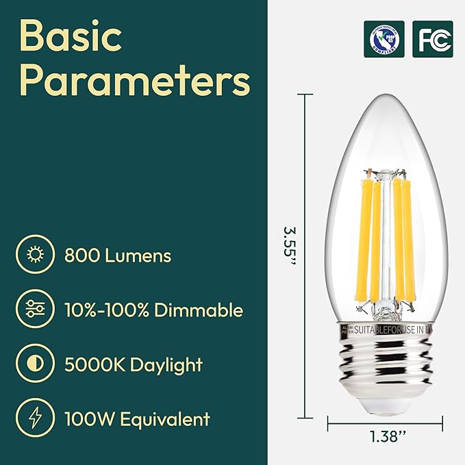 ALAMPEVER 800LM Super Bright Dimmable LED Light Bulb, E26 LED Bulb 100 Watt Equivalent, B11 5000K Daylight White LED Candelabra Bulb, 5.5W, 12 Pack