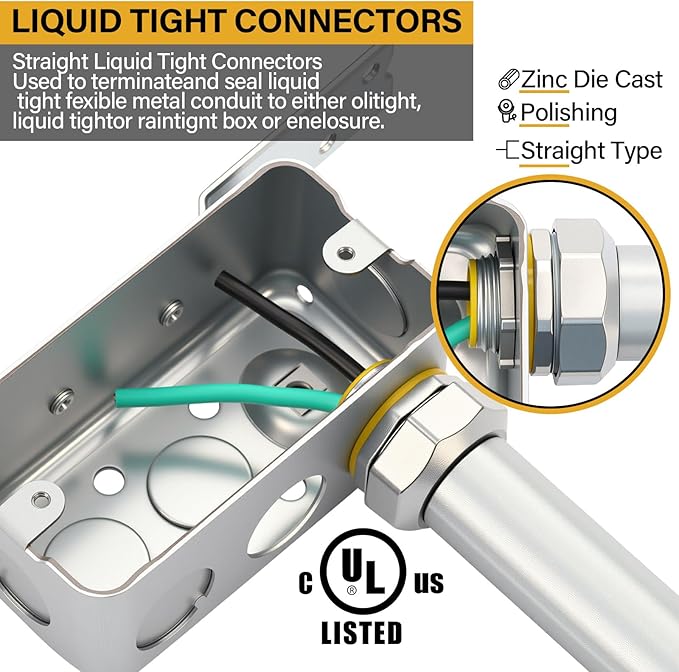 Gisafai 5 Pcs Liquid Tight Connector Straight Insulated Zinc Die Cast Metal Tight Electrical Conduit Fittings for 1-1/2 Inch Flexible and Type B Flexible