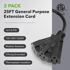 BN-LINK 2-Pack 25Ft Outdoor Extension Cord with 3 Outlets 16/3 SJTW Power Cord, 3-Prong Grounded Plug, for Landscaping & Holiday Decorations, ETL Listed,Black