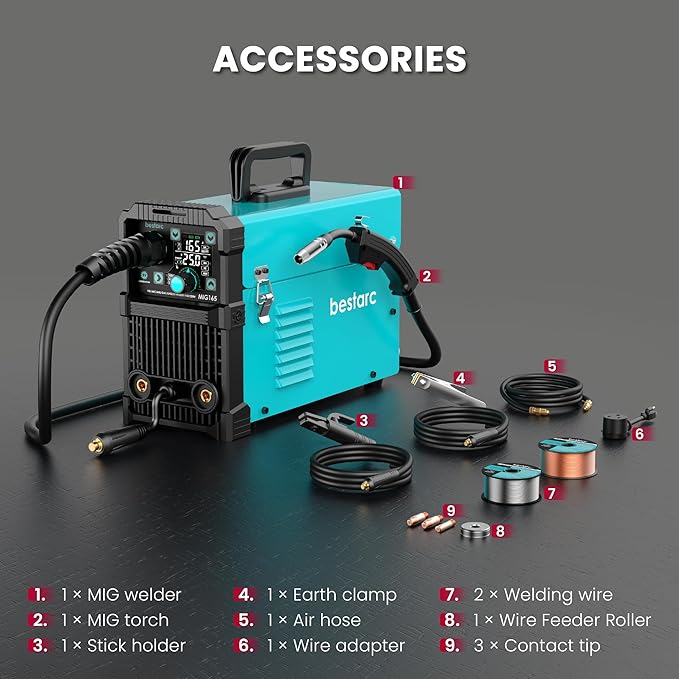 bestarc 165Amp MIG Welder, 110V 220V Flux Core MIG/Lift TIG/Stick 4 in 1 Welder Machine, Large LED Display Welding Machine, IGBT Inverter bestarc Welder MIG165 Soild Gasless Synergy MIG Welder