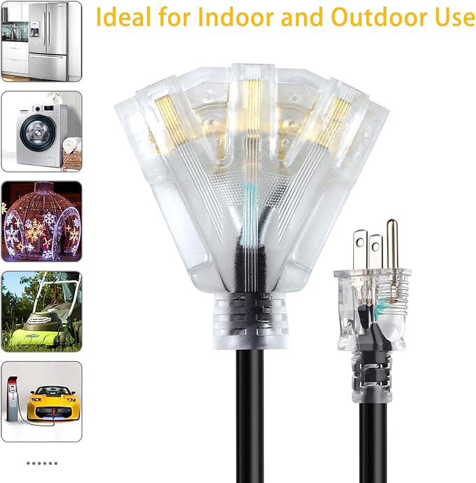 25FT 12/3 Extension Cord Heavy Duty Black 3-Outlet Indoor/Outdoor SJTW Lighted 12-Gauge Grounded Power Cable,12AWG 15 Amp, 1875 Watts，UL Listed，Safety