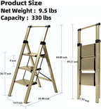 HillhutApex 3 Step Foldable Aluminum Step Ladder with Handgrip, Anti-Slip Pedal, 330 lbs Capacity, Lightweight & Portable for Home, Kitchen, Office, Garage (Gold)