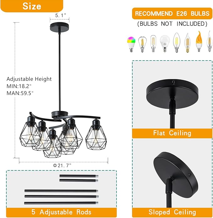 6-Light Black Chandelier,Farmhouse Chandelier for Dining Room Light Fixtures Over Table,21.7" Industrial Hanging Pendant Lighting with Metal Cage Shade for Kitchen Island Entryway Foyer Bedroom