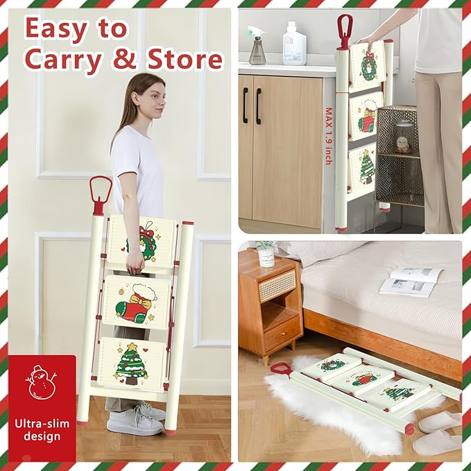 3 Step Ladder, Christmas Tree 3 Step Ladder with Single-Handrail, 3 Step Stool with Anti-Slip Pedals for Home Kitchen,Xmas Decoration Ladder for Tree and Holiday Decoration,600lbs Max Load Capacity