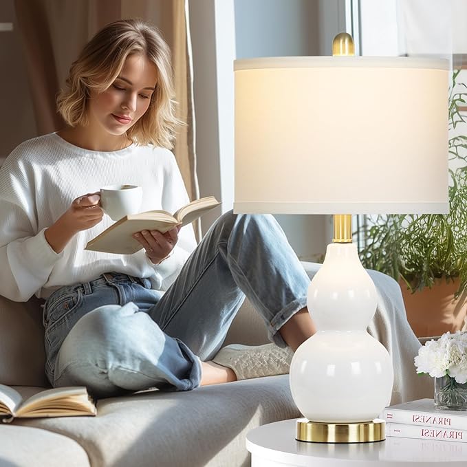 22" Modern Double Gourd Ceramic Table Lamps Set of 2, White Bedside Lamps for Living Room, Contemporary Nightstand Desk Lamps for Bedroom End Table Home Office Decor(2 LED Bulbs Included)