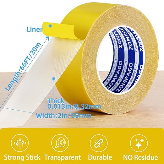 Heavy Duty Double Sided Mounting Tape, 2inx66FT, Clear Mesh Grip, Extra Strong Adhesive for Carpets, Wall Mounting, Picture Hanging and DIY Projects,Hand Tearable,Weatherproof