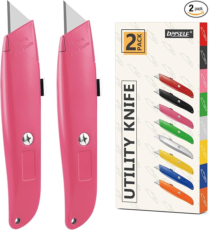 DIYSELF 2Pack Utility Box Cutter Retractable Blade Heavy Duty, Box Opener for Boxes and Cartons, Aluminum Shell, Cardboard Cutter Knife (Pink)