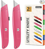 DIYSELF 2Pack Utility Box Cutter Retractable Blade Heavy Duty, Box Opener for Boxes and Cartons, Aluminum Shell, Cardboard Cutter Knife (Pink)