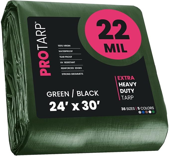 PROTARP Extreme Heavy Duty 22 Mil Tarp Cover, Waterproof, UV Resistant, Rip and Tear Proof, Poly Tarpaulin with Reinforced Edges for Roof, Camping, Patio, Pool, Boat. (Green/Black 24′ X 30′)