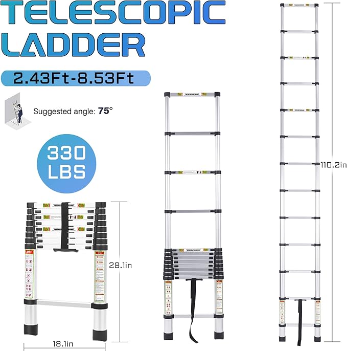 RIKADE Telescoping Ladder 8.5FT & Attic Ladder, Heavy Duty Aluminum with Non-Slip Feet, 330lb Capacity for RV, Attic, Roof & Multi-Surface Use