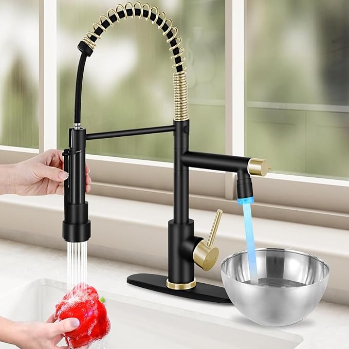 Smart Kitchen Faucet, 3 Modes Pull Down Sprayer, LED Temperature Control, Ceramic Valve,360-Degree Rotation,1 or 3 Hole Deck Plate, Double Spout. 10-Year Warranty. (KW-21RK, Gold/Black)