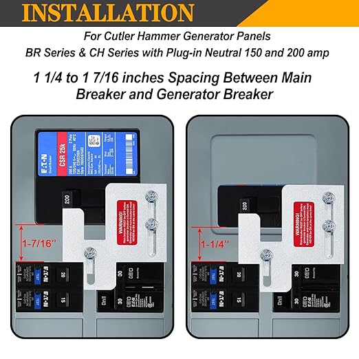 Generator Interlock Kit for Eaton Cutler Hammer Generator BR Series 150 or 200 Amp Panel, 1 1/4-1 7/16 inches Spacing Between Main and Branch Breaker
