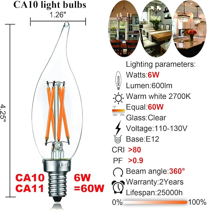 LiteHistory E12 led Bulb Dimmable 6W Equal 60 Watt LED Light Bulbs 2700K AC120V led Edison Bulb CA10 CA11 led Candelabra Bulb for Chandelier Light Bulbs and Ceiling Fan Light Bulbs 600LM Clear 12Pack