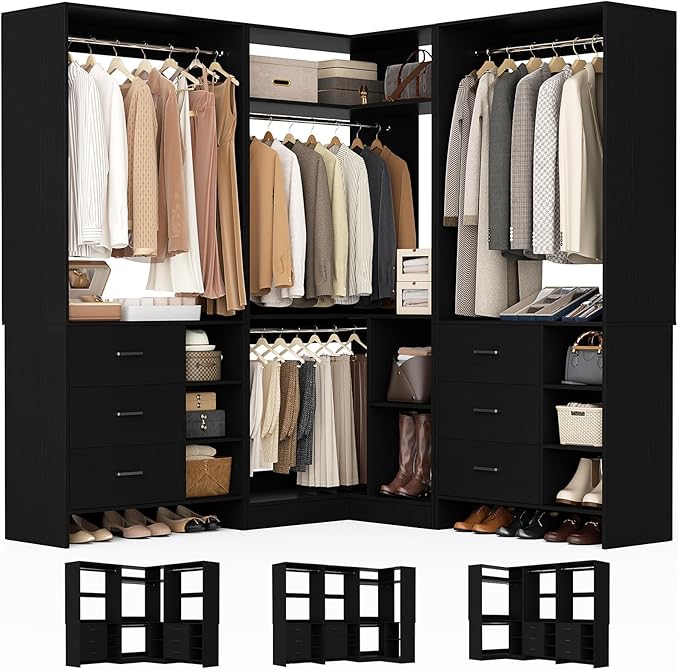 Aheaplus Closet System with 6 Drawers, 4 Hanging Rods & Corner Tower, Corner Closet System with Hanging,92.6" L-Shaped Walk-In Wardrobe Organizer, 2000+ lbs Capacity, Set of 3, Black