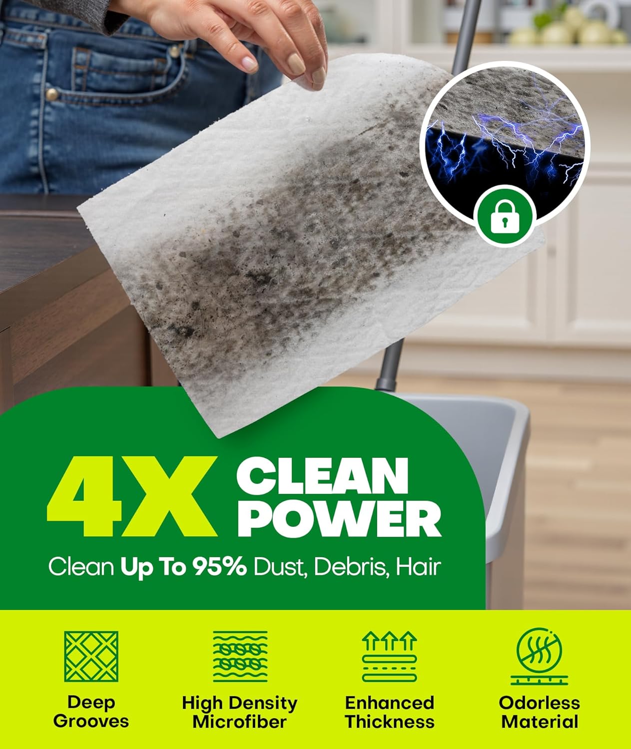 60 Count Dry Sweeping Cloths Refills for Swiffer Sweep + Mop, 4X Clean Power Sweeper Mop Pads to Clean Hair, Dirt, Dust, Disposable Unscented Dry Cloths Refills for Mopping Home, Bathroom, Kitchen
