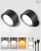 LED Wall Mounted Lights, Rechargeable Wall Sconces Lamp, 3 Color Temps & Remote and Touch, 360°Rotation Dimmable Cordless Wall Light for Study Bedroom Reading Bedside(Black, 2 Pack)