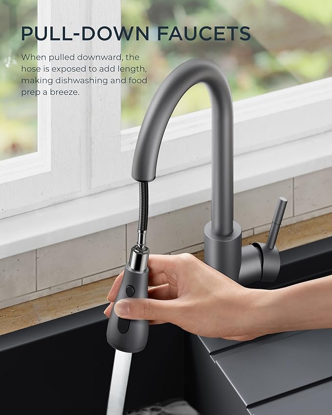 FORIOUS Kitchen Faucets with Pull Down Sprayer, High Arc Single Handle Classic Stainless Steel Sink Faucet 1 or 3 Hole, Suitable for Farmhouse Camper Laundry Rv Bar, Grey