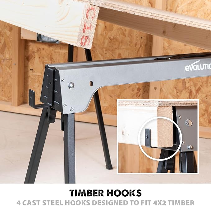 Evolution Power Tools Compact Folding Saw Horses Twin Pack (Aka Saw Bench, Sawhorse Pair) - Supports Up to 500KG - Lightweight & Portable (EVOSH1)