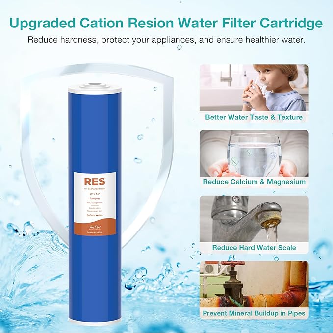 SimPure 20" x 4.5" Cation Exchange Resin Filter, Whole House Water Softening Filter Cartridge for DB20P, DB20P-3 (4 Pack)